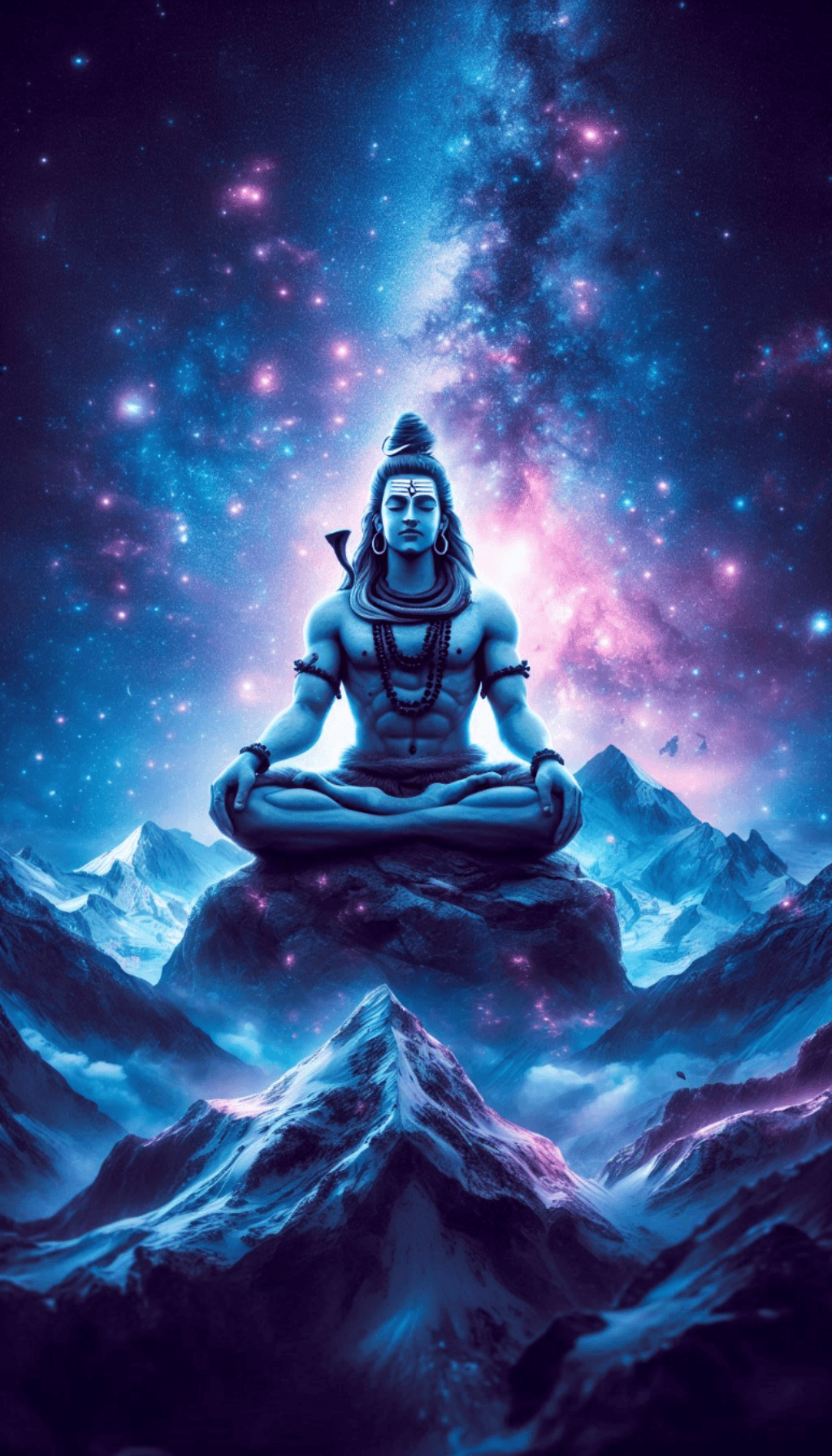 Lord Shiva Meditating in Himalaya with Night Sky Stars in Background